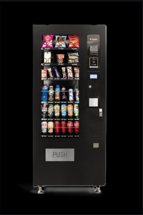 A stocked Apex Amenities vending machine with drinks and snacks